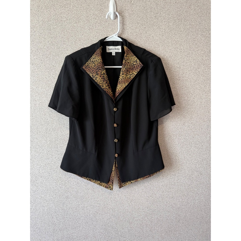 Danny & Nicole Womens Black Leopard Print Collar Short Sleeve Blazer Top Sz 12